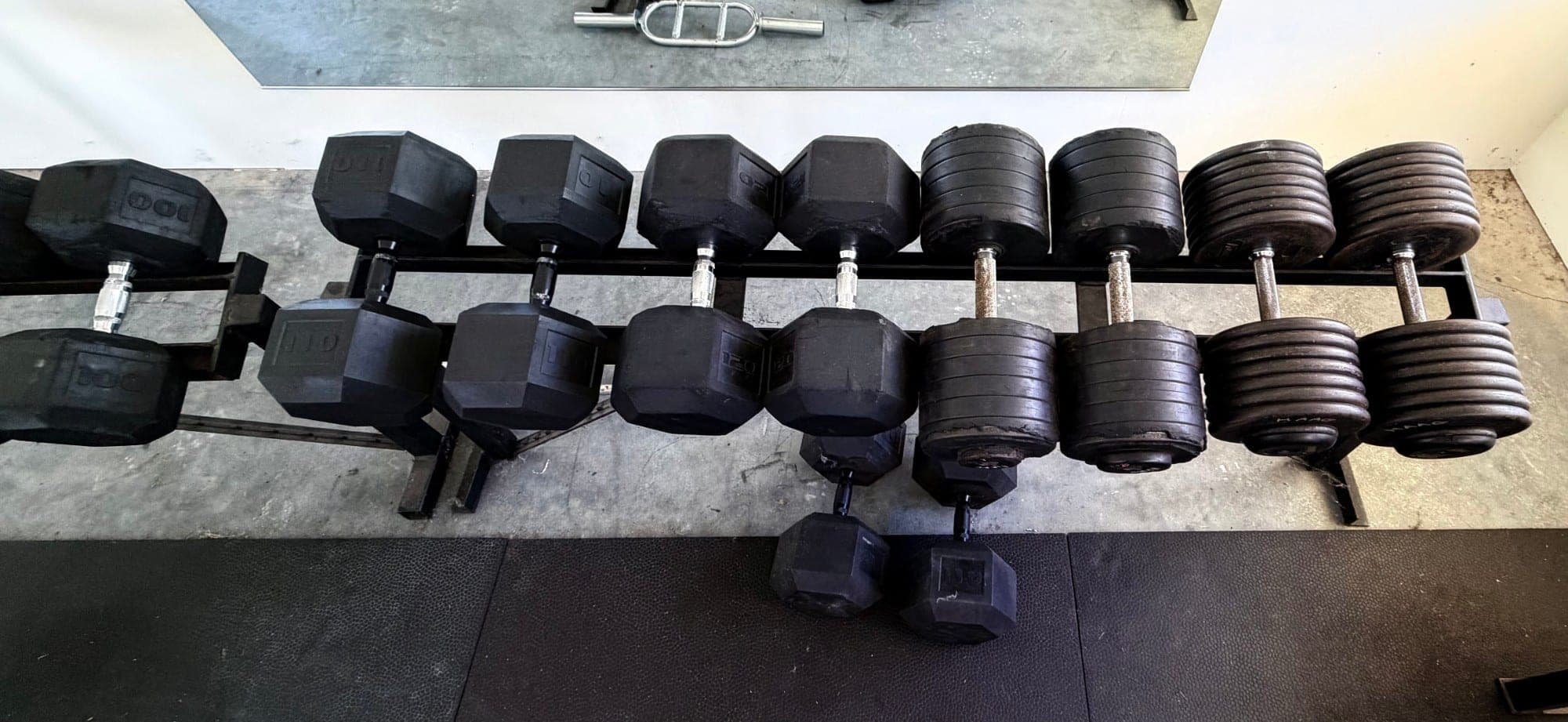 Heavy dumbbells from 100 to 120 pounds plus pro-style dumbbells