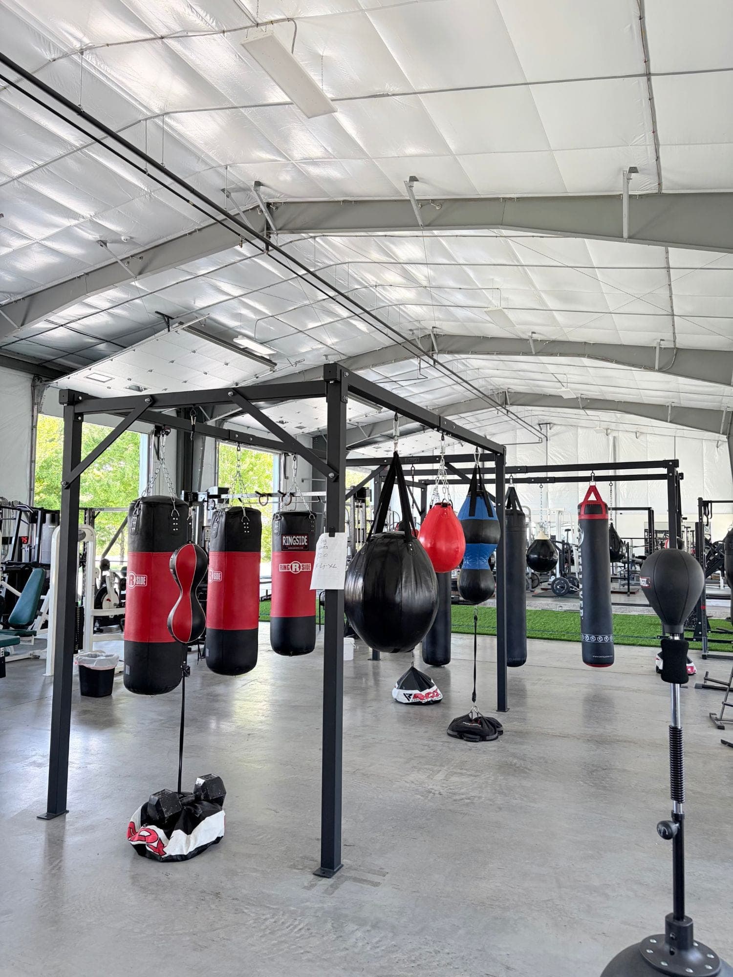 Heavy bag rig at Hanley's Gym in Bel Air with Ringside heavy bags, aqua bags and speed bags